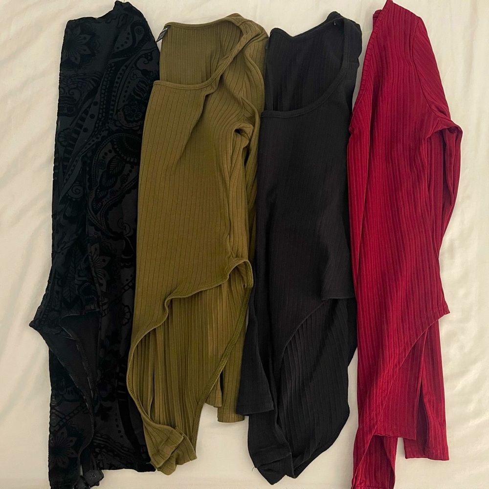 SHIEN Set of 4 Long Sleeve Bodysuit - Large - Ribbed - Lace - Black Red Green